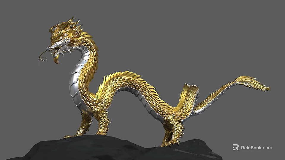 Majestic Golden Dragon With Long Body Golden Scales And White Underbelly Standing On Black Rock 3d model 