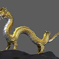 Majestic Golden Dragon With Long Body Golden Scales And White Underbelly Standing On Black Rock