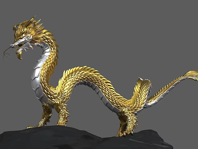 Majestic Golden Dragon With Long Body Golden Scales And White Underbelly Standing On Black Rock 3d model
