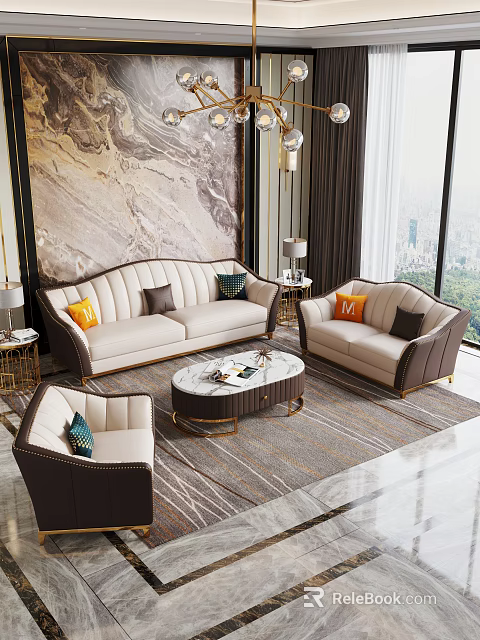 Luxury Modern Sofa And Coffee Table Set With Decorative Pillows Marble Top And Metal Frame 3d model 
