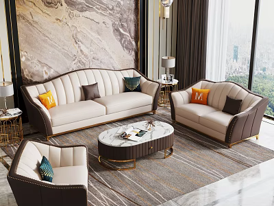 Luxury Modern Sofa And Coffee Table Set With Decorative Pillows Marble Top And Metal Frame 3d model