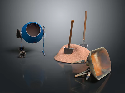 Construction Tools Setup with Blue Cement Mixer Shovels Sand and Rusty Metal Funnel 3d model