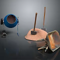 Construction Tools Setup with Blue Cement Mixer Shovels Sand and Rusty Metal Funnel