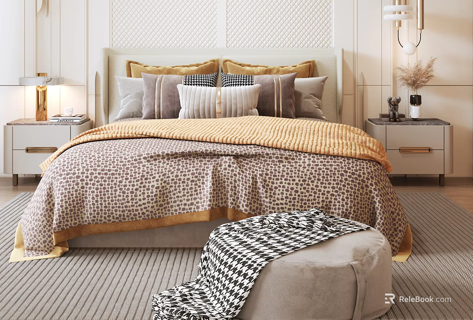 Modern Bedroom Interior With Double Bed Upholstered Headboard Multiple Pillows Patterned Quilt Nightstands And Ottoman 3d model 