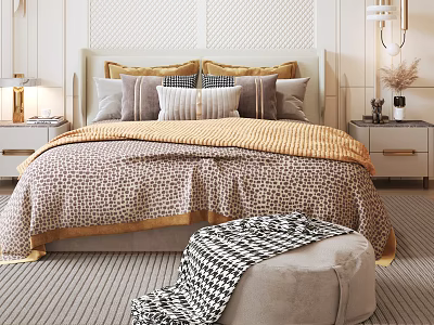 Modern Bedroom Interior With Double Bed Upholstered Headboard Multiple Pillows Patterned Quilt Nightstands And Ottoman 3d model