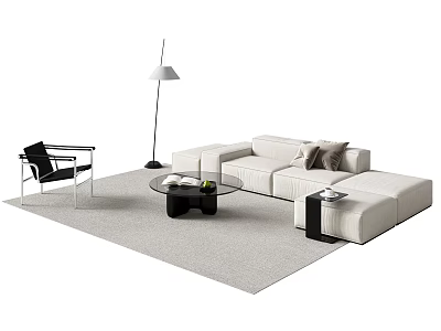 Modern White Sofa And Coffee Table Set With Accent Chair Floor Lamp And Throw Pillows 3d model