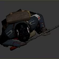 Militant Character In Dark Uniform With Red Gear Holding Rifle On Gray Background