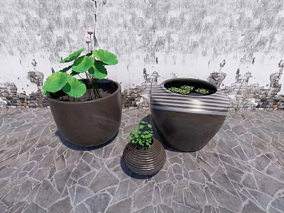 Three Garden Decorative Flower Pots With Green Plants Against Stone Wall And Paved Ground 3d model