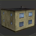 Two story old building with yellow walls blue window frames dark roof and small chimney