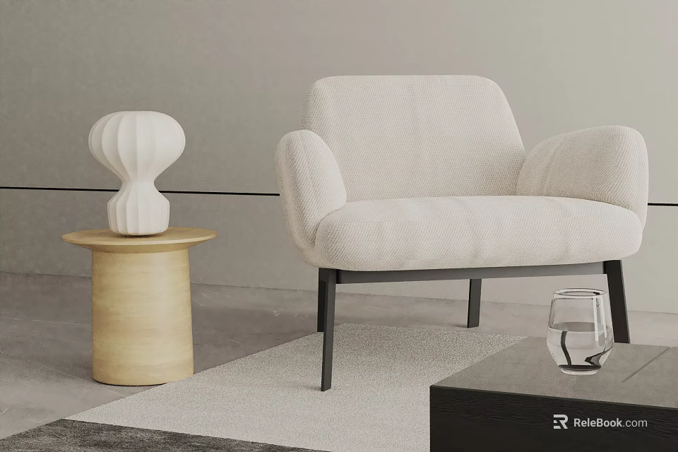 Beige Upholstered Accent Chair With Black Legs Wooden Side Table And Glass Vase 3d model 