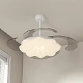 Modern White Chandelier with Gray Curved Decorations on Light Colored Ceiling Near Window Blinds