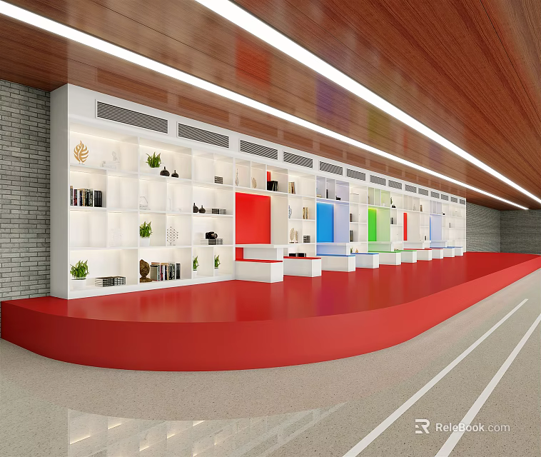 Modern Reception Area With Red Desk Wooden Ceiling White Cabinets Colorful Panels And Green Plants 3d model 