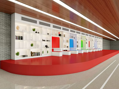 Modern Reception Area With Red Desk Wooden Ceiling White Cabinets Colorful Panels And Green Plants 3d model