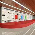 Modern Reception Area With Red Desk Wooden Ceiling White Cabinets Colorful Panels And Green Plants