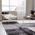 Modern Cozy Living Dining Room Interior With Sofa Fireplace Tapestry Coffee Table And Rug