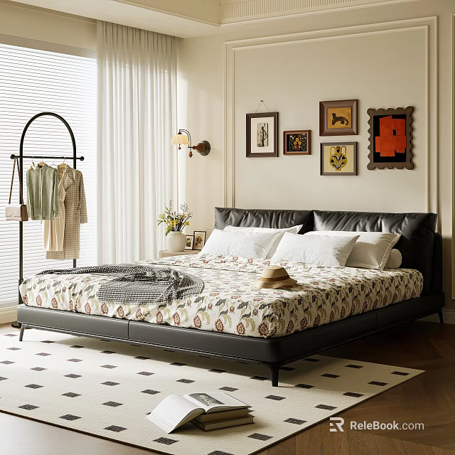 Cozy Bedroom Interior Featuring Black Leather Headboard Patterned Mattress Wall Art And Flowers 3d model 