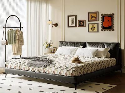 Cozy Bedroom Interior Featuring Black Leather Headboard Patterned Mattress Wall Art And Flowers 3d model