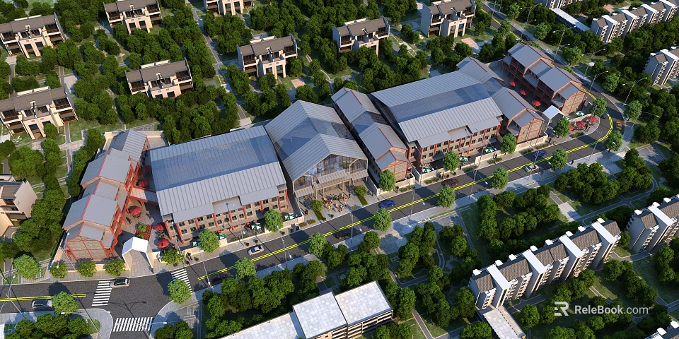 Scenic Traditional Modern Commercial Street Architecture Surrounded By Trees And Residential Buildings 3d model 