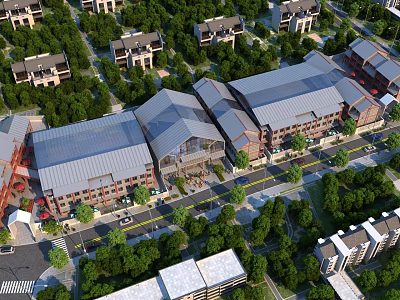 Scenic Traditional Modern Commercial Street Architecture Surrounded By Trees And Residential Buildings 3d model