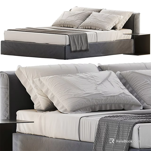 Modern Double Bed Interior With Soft Pillows Gray Blanket And Bedside Table 3d model 