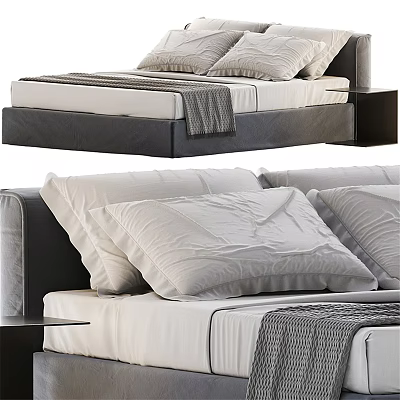 Modern Double Bed Interior With Soft Pillows Gray Blanket And Bedside Table 3d model