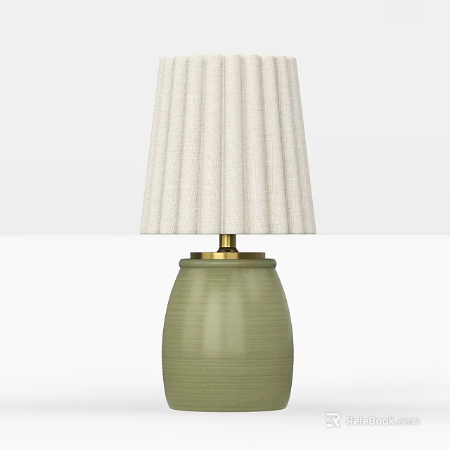 Green Textured Cylindrical Table Lamp With Beige Pleated Shade And Gold Accents 3d model 