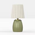 Green Textured Cylindrical Table Lamp With Beige Pleated Shade And Gold Accents
