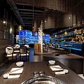 Elegant Restaurant Interior Featuring Large Blue Aquarium Wall And Modern Dining Seating 3d model