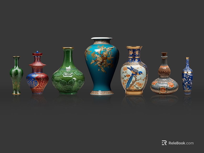Colorful Ceramic Vases With Ornate Decorative Patterns And Various Traditional Shapes 3d model 