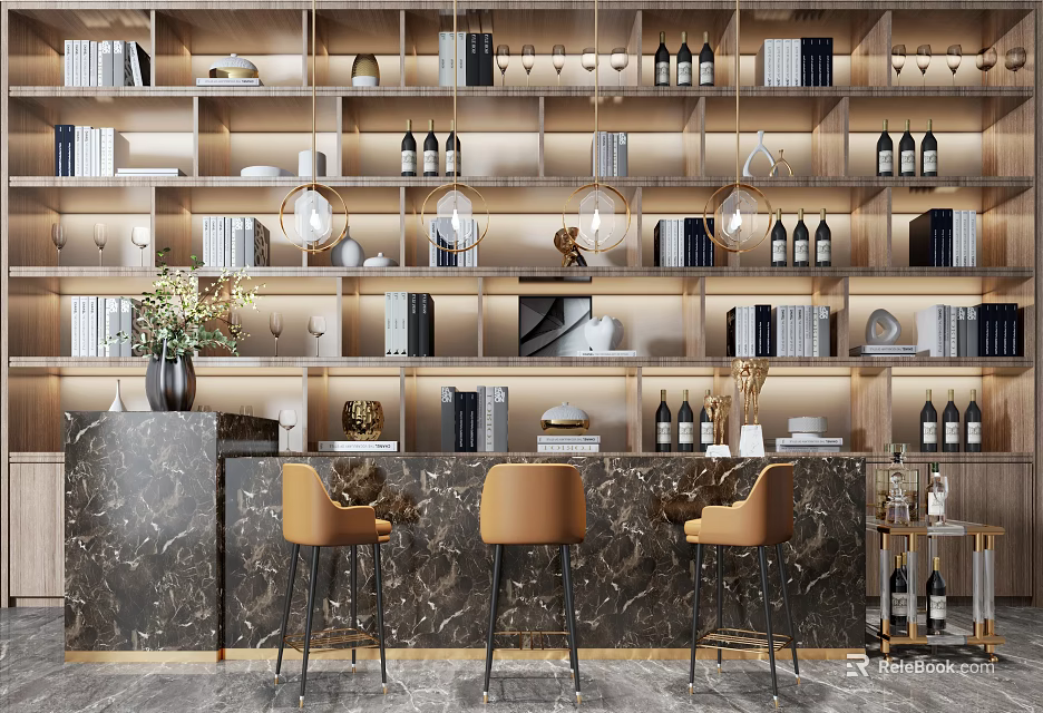 Modern Bar Counter with Yellow Bar Stools and Shelves Featuring Books Wine Bottles Decorations 3d model 