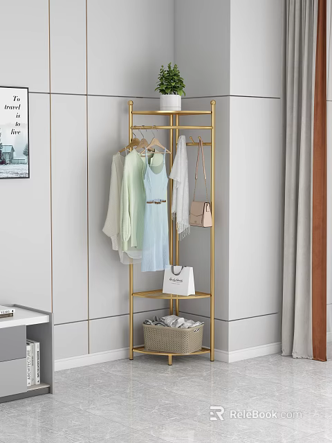 Gold Metal Clothes Rack With Hanging Clothes And Handbags Storage Basket In Modern Bedroom Interior 3d model 