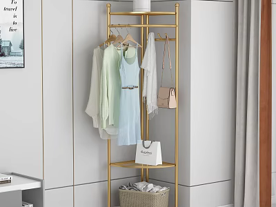 Gold Metal Clothes Rack With Hanging Clothes And Handbags Storage Basket In Modern Bedroom Interior 3d model