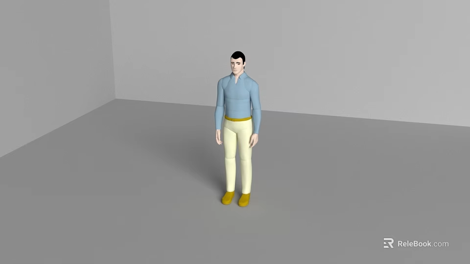 Game Movie Character Male In Blue Shirt Beige Pants Yellow Shoes Standing In Gray Room 3d model 