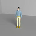Game Movie Character Male In Blue Shirt Beige Pants Yellow Shoes Standing In Gray Room