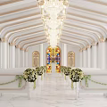 Elevator Hallway With Curved Design Marble Flooring Red Lanterns White Teddy Bear And Flower Vases