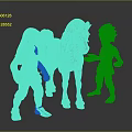 Fantasy Character Scene With Two Red Skinned Figures Purple Unicorn Yellow Shirts Green Pants