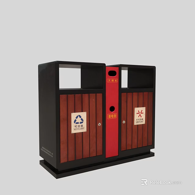 Public Facility Dual Compartment Recycling Bins With Black Red Design And Classification Signs 3d model 