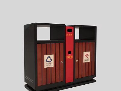 Public Facility Dual Compartment Recycling Bins With Black Red Design And Classification Signs 3d model