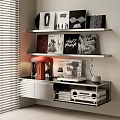 Modern Bookshelf Interior With Wall Mounted Shelves Books Vinyl Records And Table Lamp