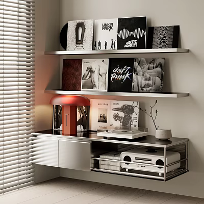Modern Bookshelf Interior With Wall Mounted Shelves Books Vinyl Records And Table Lamp 3d model