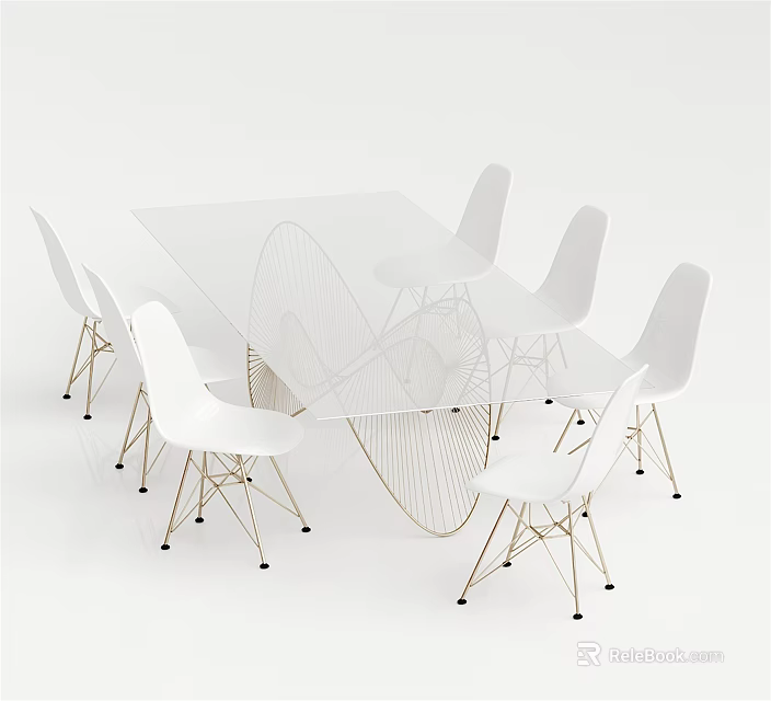 Modern Conference Table With Transparent Glass Top And White Metal Leg Chairs 3d model 