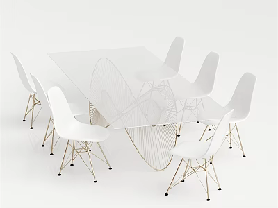 Modern Conference Table With Transparent Glass Top And White Metal Leg Chairs 3d model