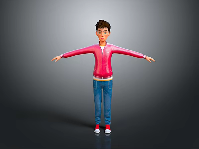 3D Boy Character Wearing Pink Hoodie Blue Jeans And Red Shoes With Arms Outstretched 3d model