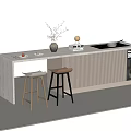 Modern Bar Counter With Light Wood Top Beige Black Stools Flower Vase Fruit Decor