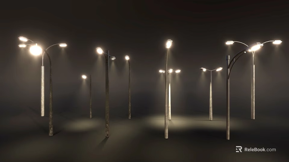 Bright Street Lights Illuminating Dark Urban Environment At Night 3d model 