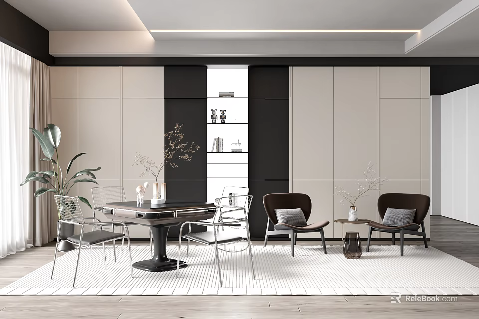 Modern Entertainment Room Interior With Comfortable Sofa Coffee Table And Decorative Plants 3d model