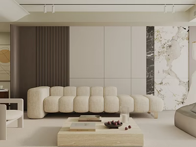 Modern Living Room Interior Design With Beige Sofa Wooden Coffee Table And Marble Wall Accents 3d model