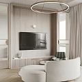 Modern Living Dining Room Interior With Wooden Walls Round Table Sofa And Pendant Lights