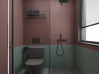 Modern Bathroom with Pink Vertical Slat Walls Green Tiles Toilet Handheld Shower and Window Blinds 3d model