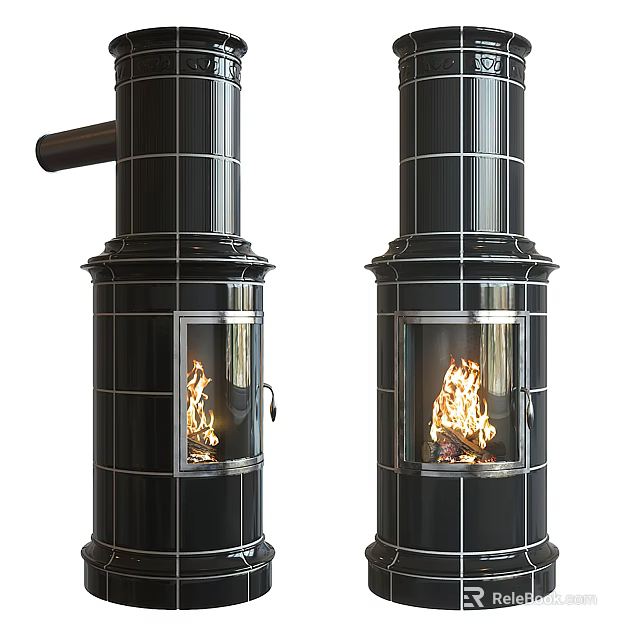 Elegant Black Modern Fireplaces With Glass Doors And Burning Flames 3d model 
